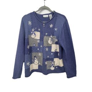 Snowman Knit Patchwork Sweater Zip Up Size L Petite Grandmacore Teacher Winter